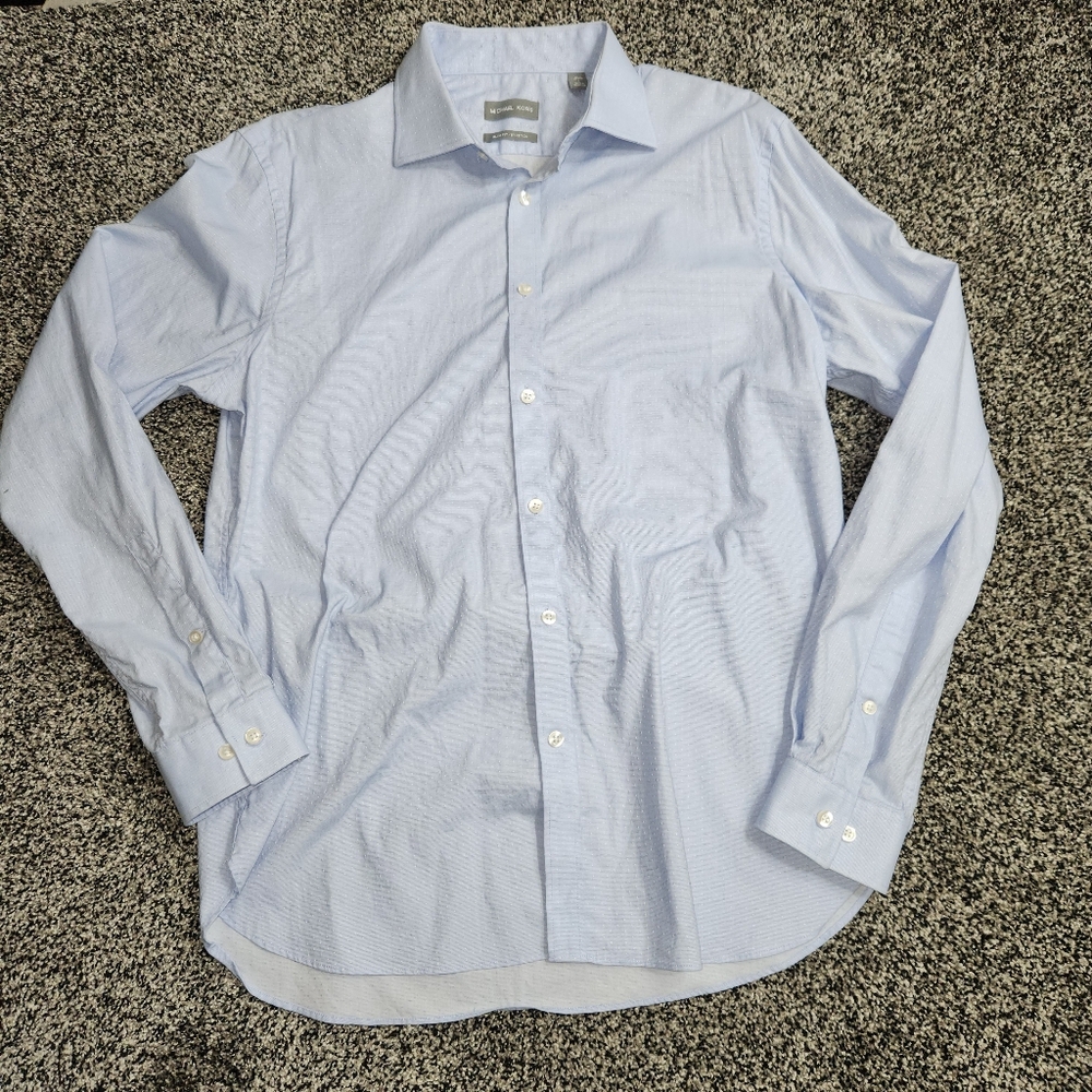 Michael kors mens Large, button down shirt Long Sleev Blue W/White Dots Slim Fit